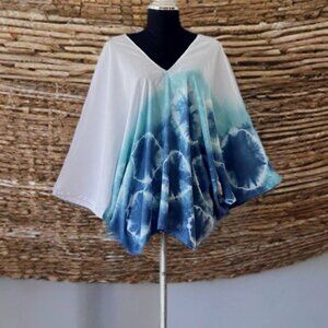 White Blue Hand Tie Dyed Dolman Sleeve Top Blouse Shirt (#5)